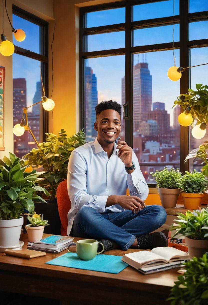 A cheerful broadcaster sitting in a cozy, streaming setup filled with plants and colorful decor, radiating positivity. Sunlight filters through a window, casting a warm glow on the scene. Surrounding him are symbols of happiness like music notes, hearts, and laughter bubbles floating in the air. The background features a vibrant, animated cityscape, representing connection and joy. super-realistic. vibrant colors. cozy atmosphere.