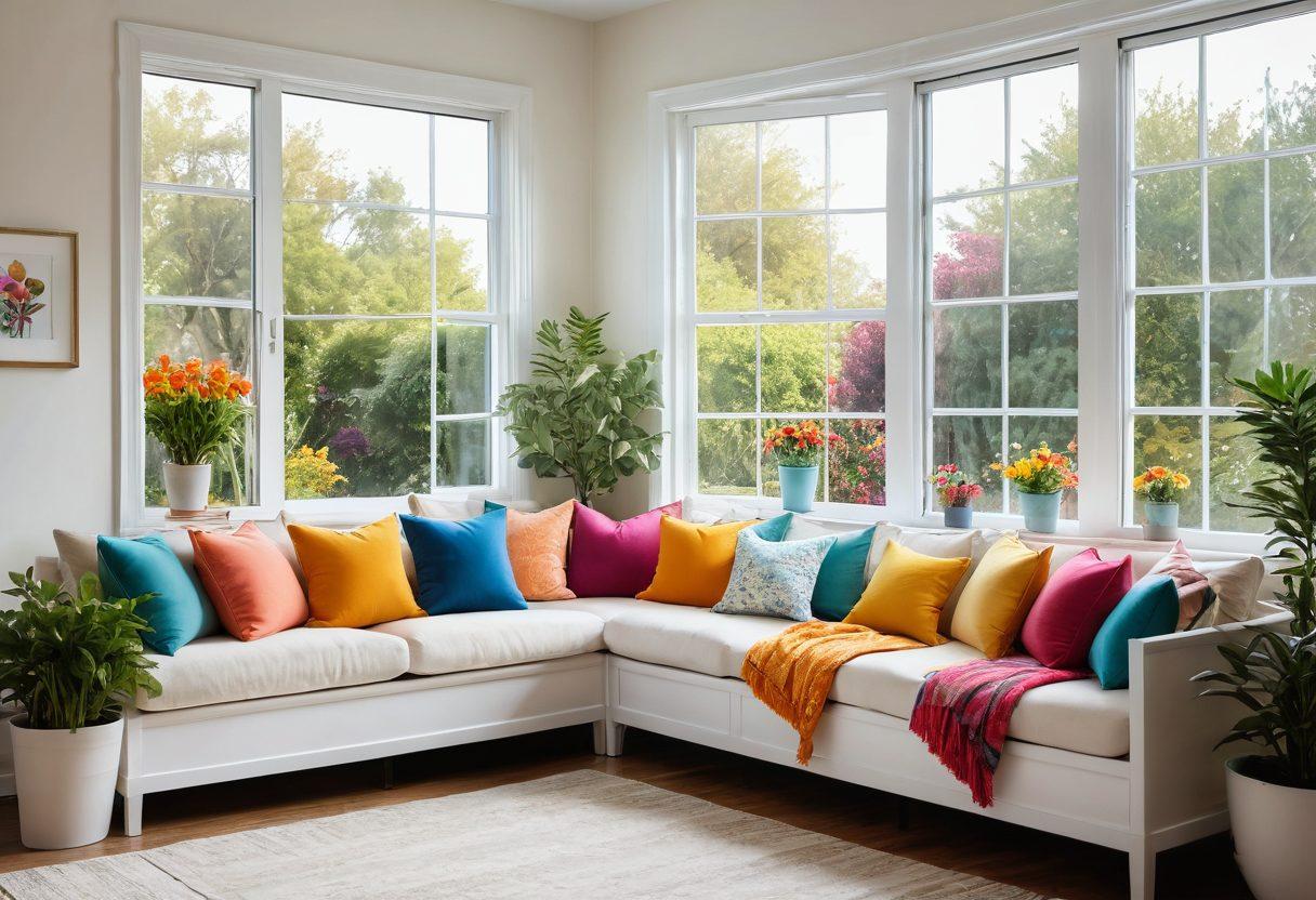 A bright and cheerful living room filled with natural sunlight, showcasing a cozy reading nook with colorful cushions and a cup of steaming tea. Vibrant plants and flowers adorn the space, symbolizing growth and joy. An open window reveals a picturesque view of a sunny garden. Warm and inviting colors radiate positivity and happiness. super-realistic. vibrant colors. white background.