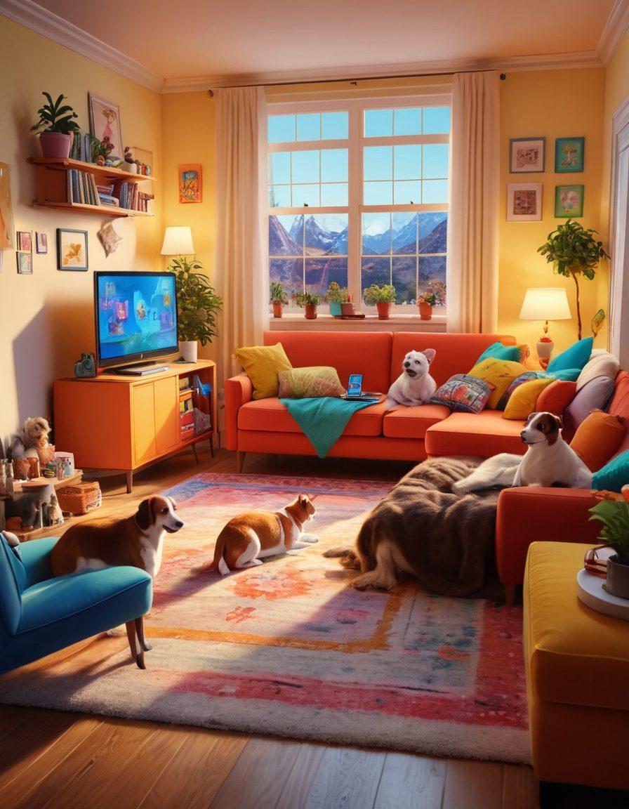 A vibrant family scene in a cozy living room filled with laughter and joy, surrounded by colorful digital devices displaying cheerful animation and games. Include playful pets and children engaging in creative activities, embodying happiness and togetherness. The room is bright and colorful, with inviting household decorations. super-realistic. vibrant colors. warm lighting.